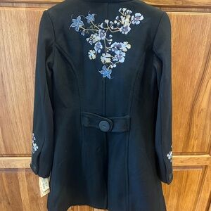 Candie's Black Floral Embroidered Button Collared Women's S coat NWT